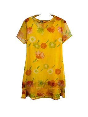 Vtg Byer Studio Women's Sheer Dress 14 Floral Artsy Yellow 3-Tiered Hem USA